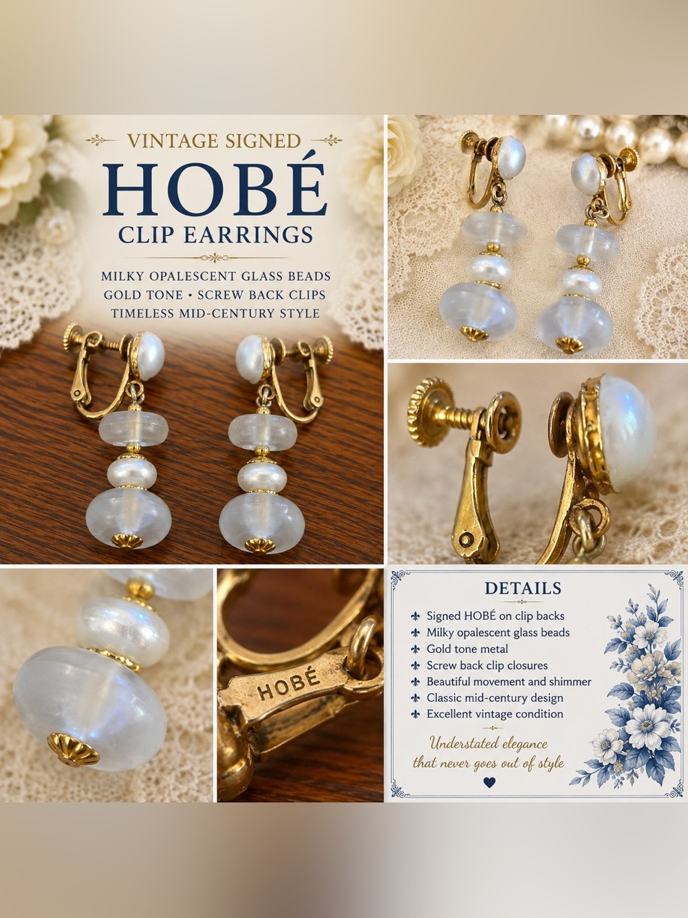 HOBÉ Gold-Tone Clip Earrings with Milky Opalescent Beads - White